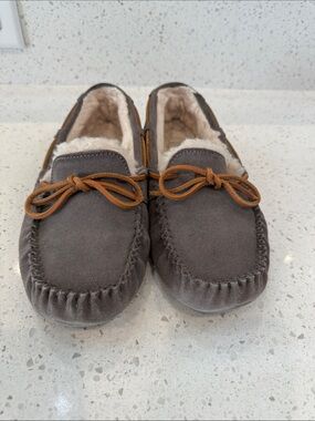 UGG Women's Gray Suede Shearling-Lined Moccasin Slippers with Tan Laces